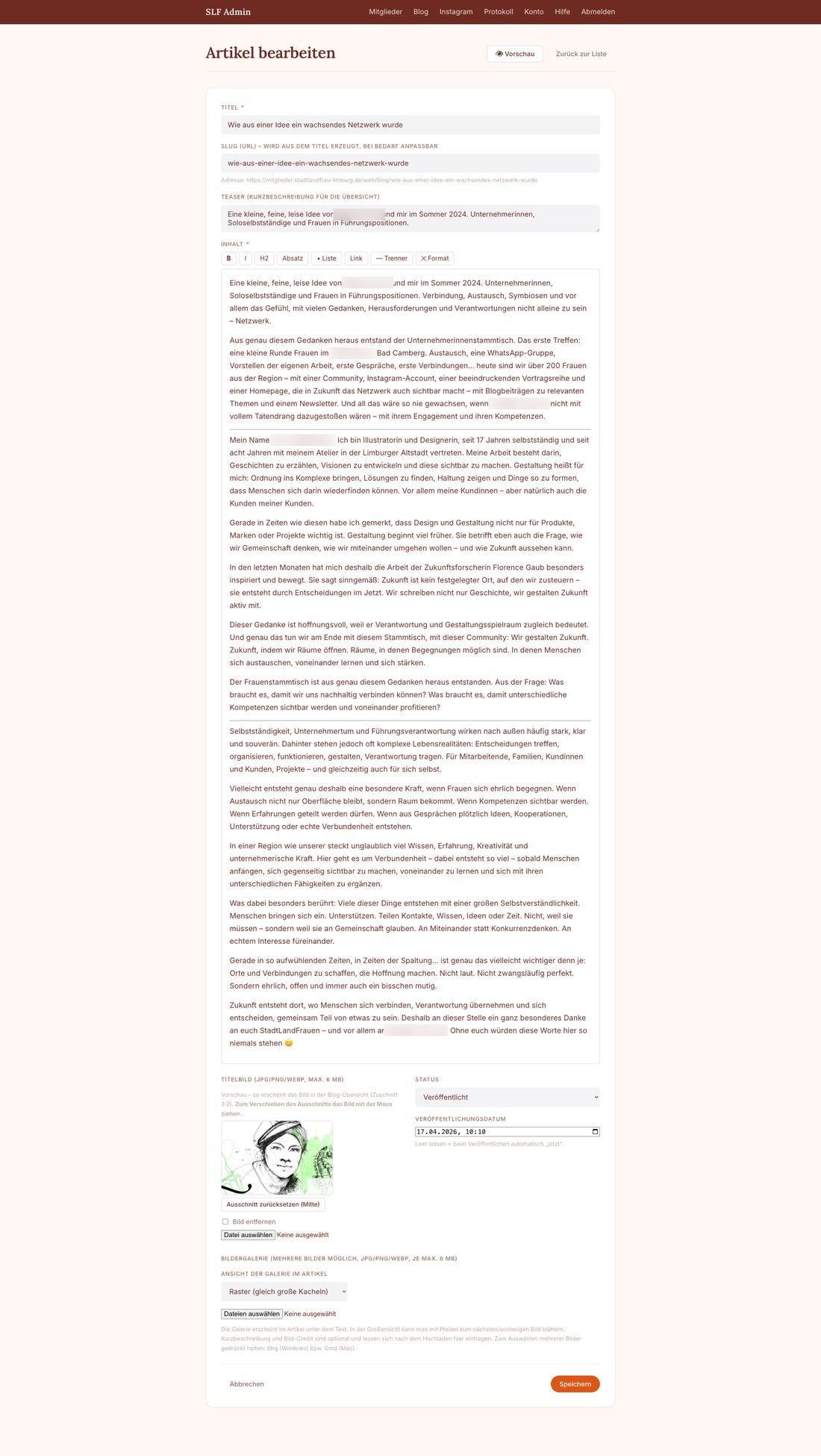 Blog-Editor mit Titel, Slug, Inhalt, Titelbild-Zuschnitt und Statusverwaltung