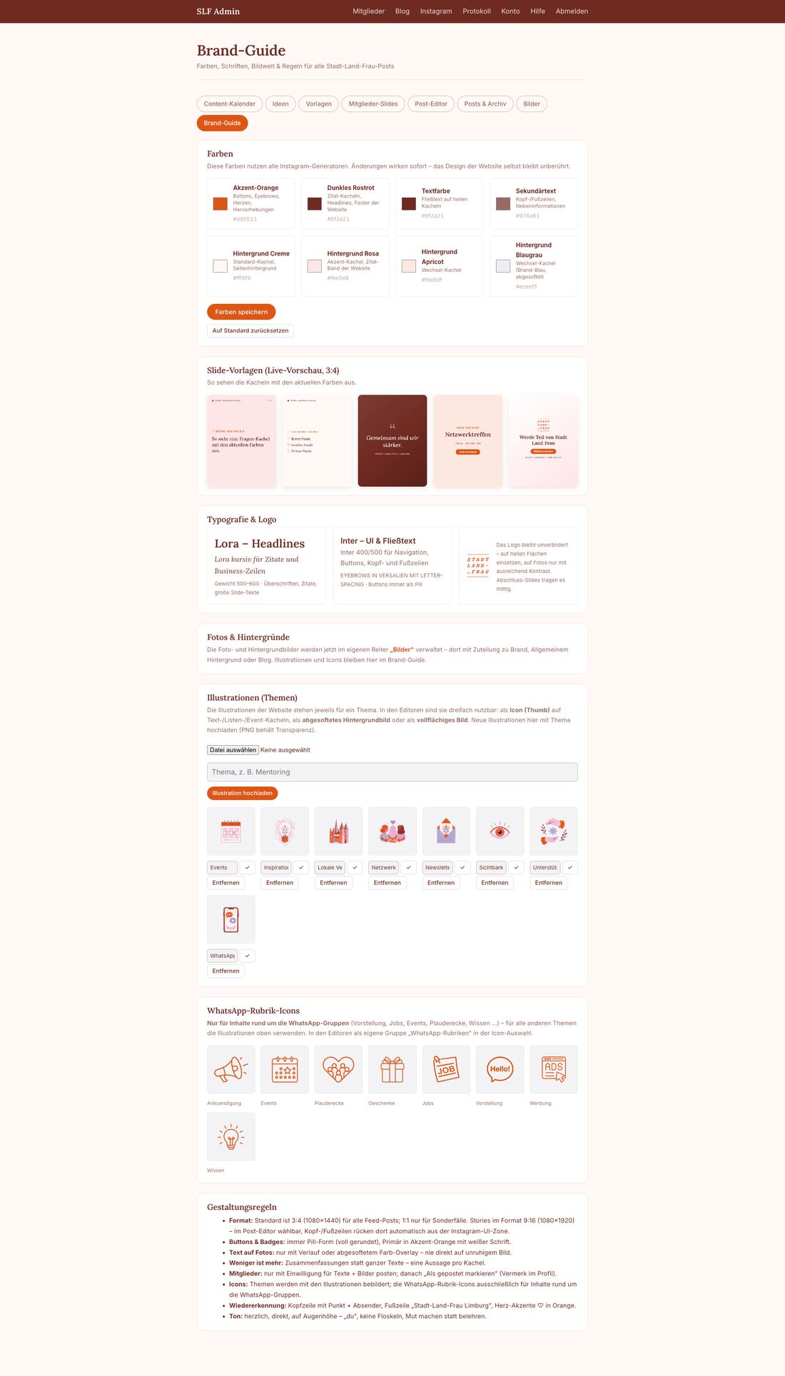 Brand-Guide mit editierbaren Farben, Slide-Vorschau, Typografie und Illustrationen