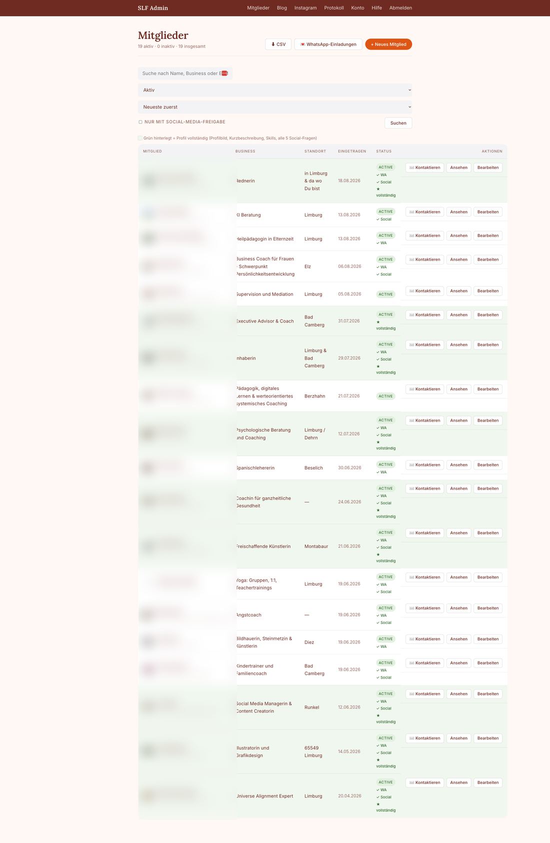 Admin-Mitgliederliste mit Suche, Statusfilter und Aktionen — Namen unkenntlich gemacht