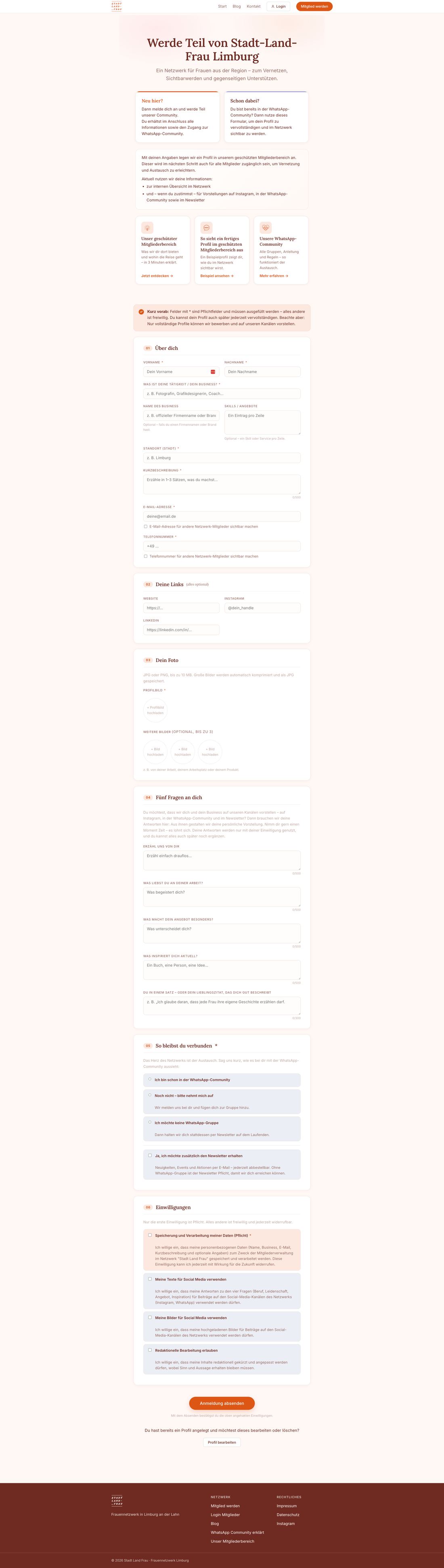 „Mitglied werden“-Strecke: Profil-Formular mit Feldern, Foto-Upload, fünf Fragen und Einwilligungen