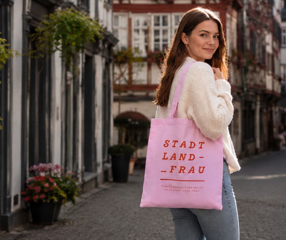 Frau mit Stadt-Land-Frau-Tasche in der Limburger Altstadt